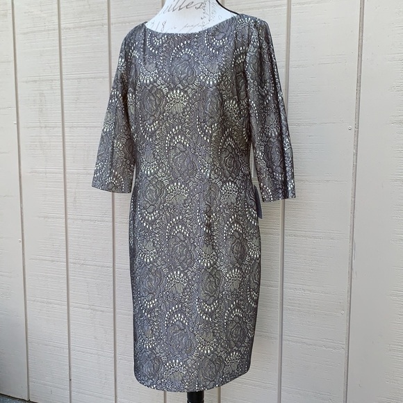 eliza J Metallic Lace Sheath Dress - Gun Metal - Picture 3 of 15